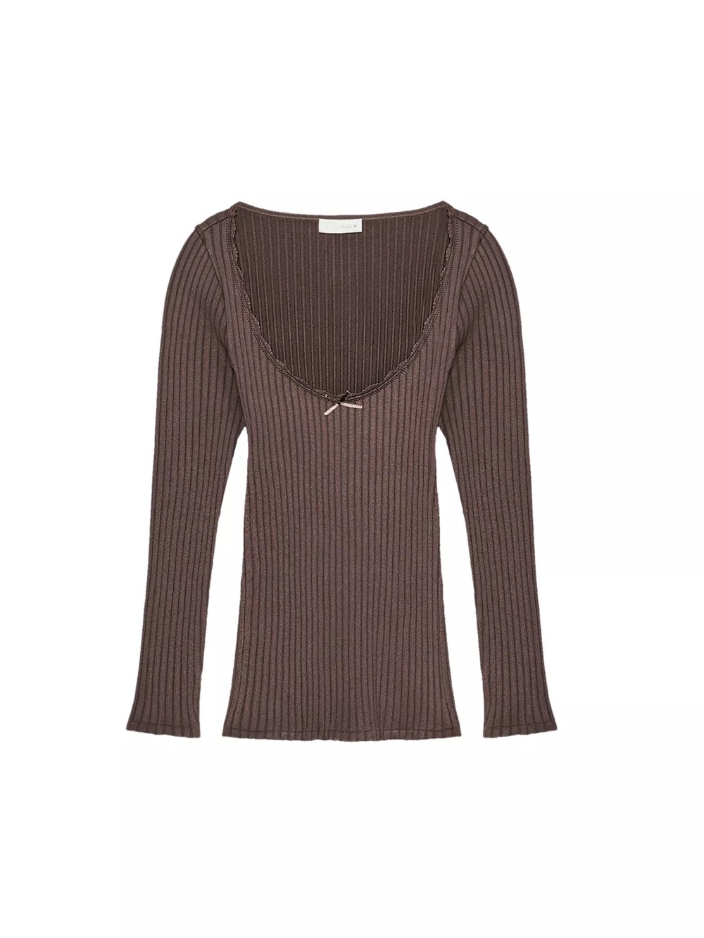 Brand New Zara Ribbed Scoop Neck Long Sleeve Top in Mocha Brown